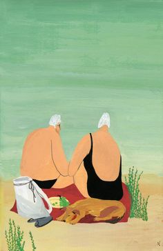 two women sitting on the beach with their backs to each other