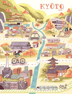 an illustrated map of the city of kyto, japan with people walking and riding bikes