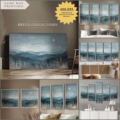 a collage of photos with mountains and stars in the sky, on top of a bed