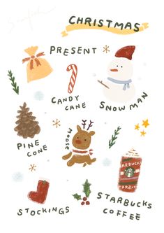 a christmas card with different types of items and words on the front, including candy canes, pine cone, starbuck's coffee