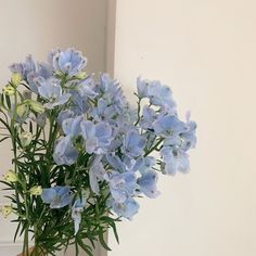 a vase filled with blue flowers sitting on top of a wooden table next to a white wall