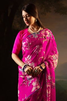 Hot pink saree featuring floral print with contrast blue piping on the hem. Comes with an unstitched blouse piece. - Aza Fashions Hot Pink Saree, Floral Saree, Pink Saree, Printed Sarees, Sarees Online, Blouse Piece, Aza Fashion, Piping, Pink Floral