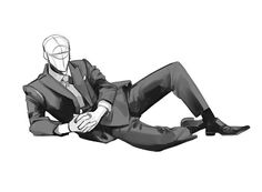 a drawing of a man in a suit sitting on the ground with his legs crossed