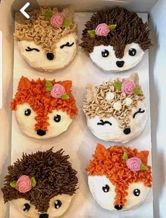 four cupcakes decorated like hedgehogs with flowers on them in a box