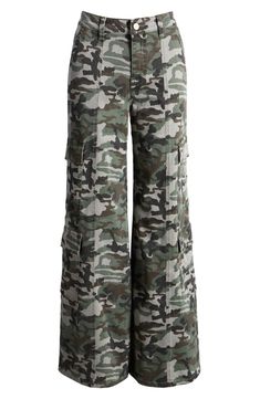 Give in to your style nostalgia and throw it back to Y2K in a pair of wide-leg cargo pants cut from a stretchy cotton blend patterned with classic camo. 32" inseam; 25 1/2" leg opening; 10" front rise; 15" back rise 97% cotton, 3% spandex Machine wash, tumble dry Imported Camouflage Wide Leg Cargo Bottoms, Wide Leg Camouflage Bottoms With Multiple Pockets, Camouflage Wide Leg Bottoms With Multiple Pockets, Camouflage Wide-leg Bottoms With Multiple Pockets, Utility Wide Leg Camouflage Pants, Camouflage Wide Leg Cargo Pants, Spring Military Wide Leg Cargo Pants, Military Wide Leg Cotton Cargo Jeans, Spring Military Style Wide Leg Cargo Pants