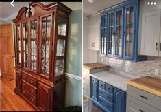 two pictures side by side one has blue cabinets and the other has white cabinets