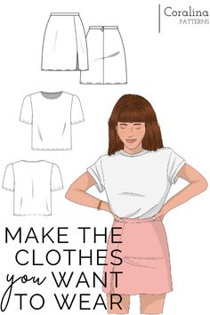 This bundle makes a great modern outfit. You will get the Tina T-shirt, a loose fit T-shirt. And the Gil skirt, a modern mini (or midi) skirt with slit, available in two different lengths! #skirtpattern #tshirtpattern #toppattern #sewing #capsulewardrobe T Shirt Skirt, Simple T Shirt