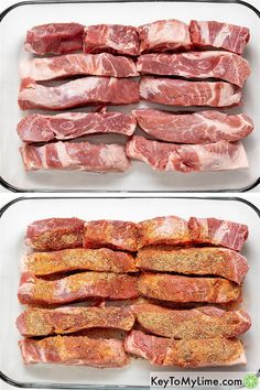 two trays filled with raw meat sitting next to each other