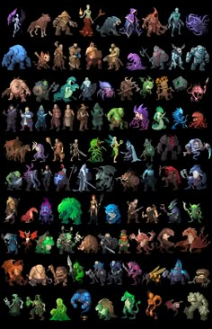 an image of different types of monsters and their names in the style of video games