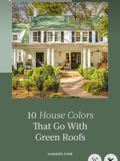 a house with green roof and white trim, in the foreground is an image of a