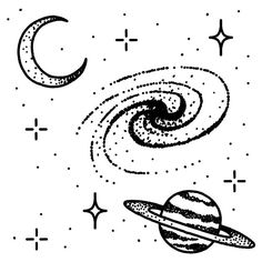 an image of the planets in space with stars and crescents around them, vintage line drawing or engraving illustration