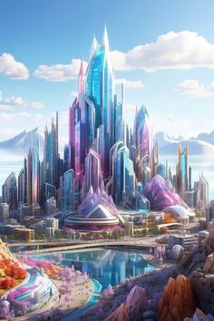 a futuristic city surrounded by mountains and water