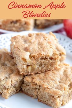 cinnamon apple blondies are stacked on top of each other with the title above it