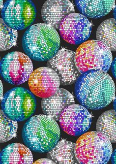 many disco balls are arranged together on a black background