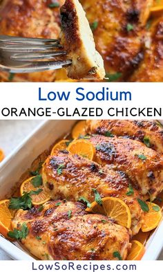 this is an image of orange glazed chicken in a casserole dish with text overlay