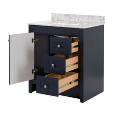 an image of a bathroom vanity with drawers and marble counter top on white back ground