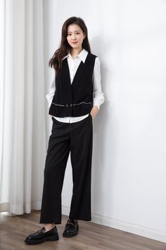 Two-piece Vest Shirt - SHIMENG Cotton Wide-leg Dress Pants For Work, Casual Business Wide-leg Pantsuit, Chic Cotton Pantsuit For Work, Casual Workwear Pantsuit With Straight Pants, Casual Pantsuit With Trousers For Workwear, Casual Pantsuit For Workwear, Casual Straight Leg Pantsuit For Work, Spring Workwear Straight Leg Pantsuit, Matching Clothes