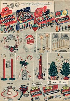 an old advertisement for christmas candles with santa's face in the middle and other holiday decorations