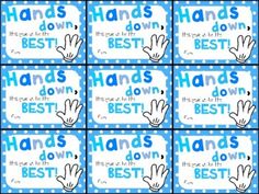 six blue and white hand signs with the words hands down best