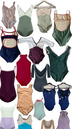 many different types of bathing suits and bras on display in front of a white background