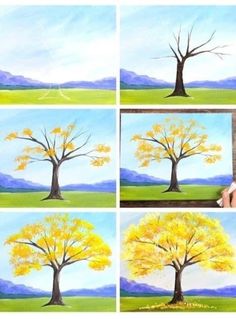 the process of painting a tree with acrylic paint is shown in four different stages