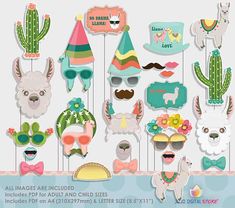 an assortment of llamas, cactuses, and other animal photo booth props