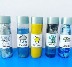 four different types of water bottles with labels on them