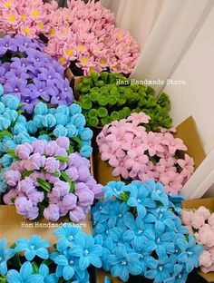 there are many different colored flowers in the box