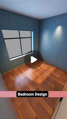 an empty room with blue walls and wood floors, while the video is being viewed