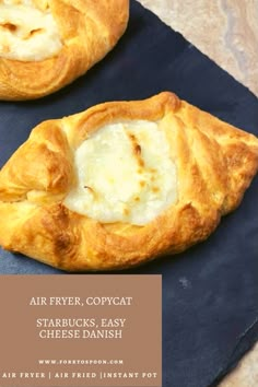 two pieces of bread with cheese in the middle on a blue plate next to an advertisement for air fryer, copycat