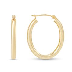 Dress up your day or nighttime looks with these classic oval tube hoop earrings. Hollow 14K gold. Each 25.0mm oval-shaped hoop features a 3.0mm polished tube. Latch backs. Classic Oval Hoop Earrings As Gift, Classic Oblong Hoop Earrings, Modern 14k Gold Oval Hoop Earrings, Classic Tarnish-resistant Oval Hoop Earrings, Yellow Gold Oval Hoop Earrings, Oval Gold Hoop Earrings In Brass, Oval Gold Plated Hoop Earrings With Polished Finish, Oval 14k Gold Tarnish-resistant Hoop Earrings, Tube Hoop Earrings