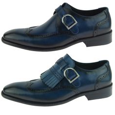 Elegant dress shoes, featuring calfskin uppers with wingtip silhouette, Monk Strap with adjustable buckle and removable Kiltie detail. Lightly tapered almond-shaped toe. Leather lining, lightly padded leather insole, durable rubber sole. Approx. 1 1/8" (2.8cm) heel, including 1/4"(0.6cm) sole thickness. Imported.   Color - Blue Width - M/D (Medium) Blue Wingtip Monk Strap Shoes For Business, Blue Wingtip Monk Strap Business Shoes, Blue Monk Strap Shoes With Brogue Detailing For Business, Elegant Blue Tassel Loafers With Brogue Detailing, Dress Leather, Leather Dress Shoes, Shoes Blue, Leather Dresses, Monk Strap