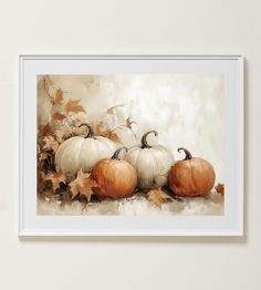 a painting of three pumpkins and leaves on the ground in front of a white wall