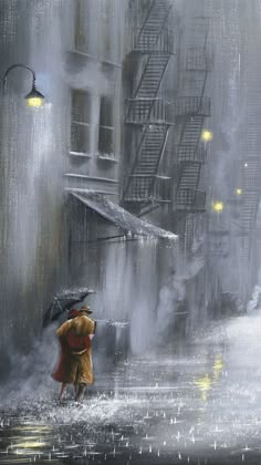 a painting of a person walking in the rain with an umbrella