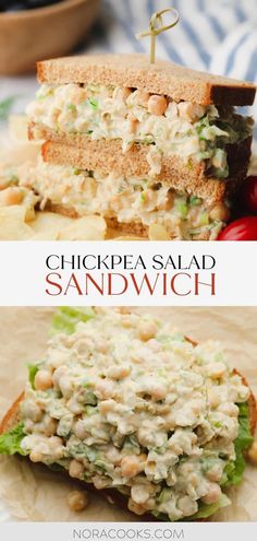 chicken salad sandwich with lettuce and chickpea on it is cut in half