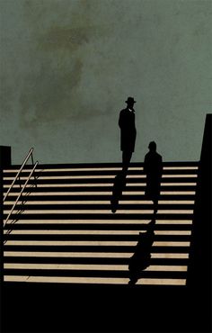 two men standing on top of a roof next to each other in the shadows,