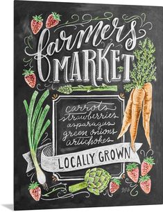 a chalkboard sign that says farmers market with vegetables and carrots on the side