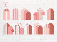 an image of a set of pink arches on a white brick wall in different sizes