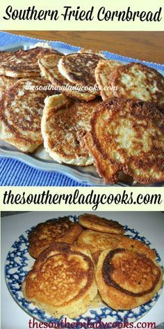 three different types of pancakes on a blue and white plate with the words southern fried cornbread