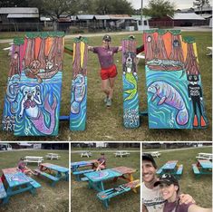 the man and woman are posing for pictures in front of their painted surfboards at the park