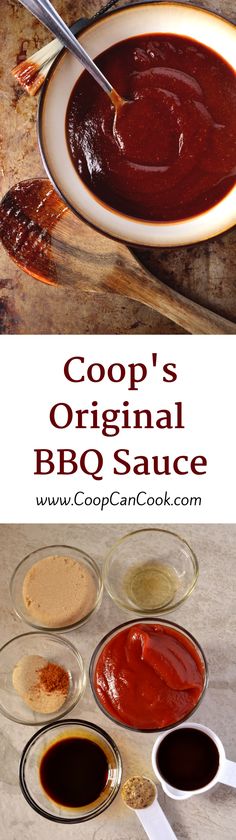 an image of some sauces in bowls on a table with the words coop's original bbq sauce