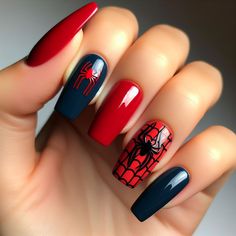 nail ideas Square Spiderman Nails, Superhero Nail Designs, Super Hero Nails Designs, Avengers Nails Designs, Deadpool And Wolverine Nails, Spider Man Nails Short, Scarlet Witch Nails