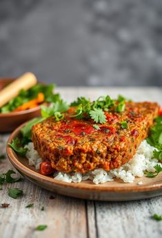 a plate topped with meat and rice on top of a wooden table