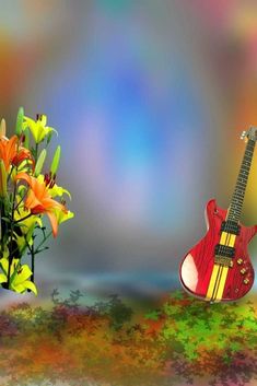 a red guitar sitting next to a vase filled with flowers