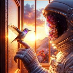 a bird perched on the side of a window next to a person in an astronaut's suit