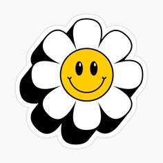 a black and white flower with a smiley face on it's center sticker