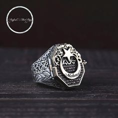 Our ring is made of 925 Pure Silver with Moon Star Stamped.  Our products are carefully handcrafted and personalized. Ottoman empire intelligence agency symbol ring The model with our ring cover, the crescent and star on the top, a personalized name can be added in the middle of the crescent, there is the ottoman empire intelligence agency logo under the cover, name, picture, logo plate etc. can be added, thank you for reading Moon Star Ring, 925 Sterling Silver Men's Ring Finger Rings For Men Silver Celestial Signet Ring As Gift, Silver Celestial Style Signet Ring For Gift, Celestial Silver Signet Ring For Gift, Custom Handmade Signet Ring As Gift, Custom Handmade Signet Ring For Gift, Symbolic Handmade Crescent Rings, Handmade Symbolic Crescent Rings, Handmade Silver Heirloom Engraved Ring, Handmade Heirloom Silver Engraved Ring