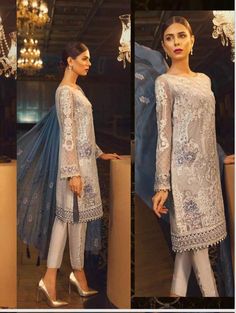 Beutifull Chiffon Dress in Offwhite and Blue Color.Dress Embalishment With Tilla Threds Embroidery And Sequence Work. Renda Kebaya, Chiffon Suit, Wedding Dress Outfit, Indian Designer Suits, Eid Special, Salwar Kamiz, Embroidered Chiffon, Pure Chiffon, Chiffon Dupatta