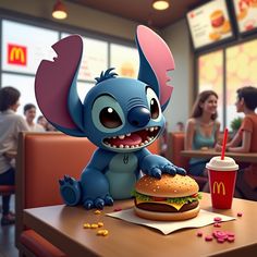 a cartoon character sitting at a table with a hamburger in front of him and a drink to the side