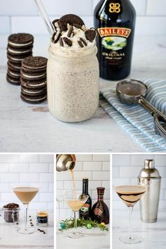 there are cookies, ice cream, and drinks in this collage